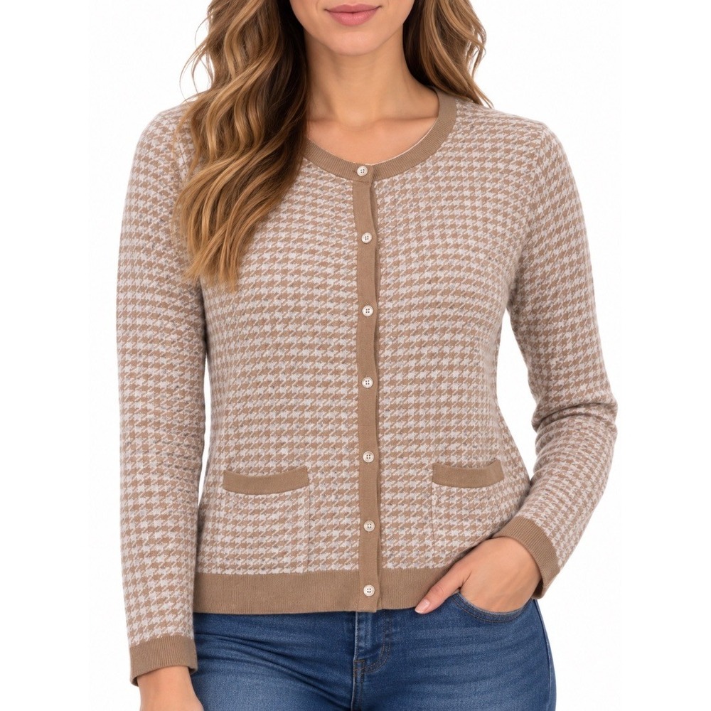 Lands End Womens Houndstooth Cardigan Sweater Tan White 100% Supima Cotton M